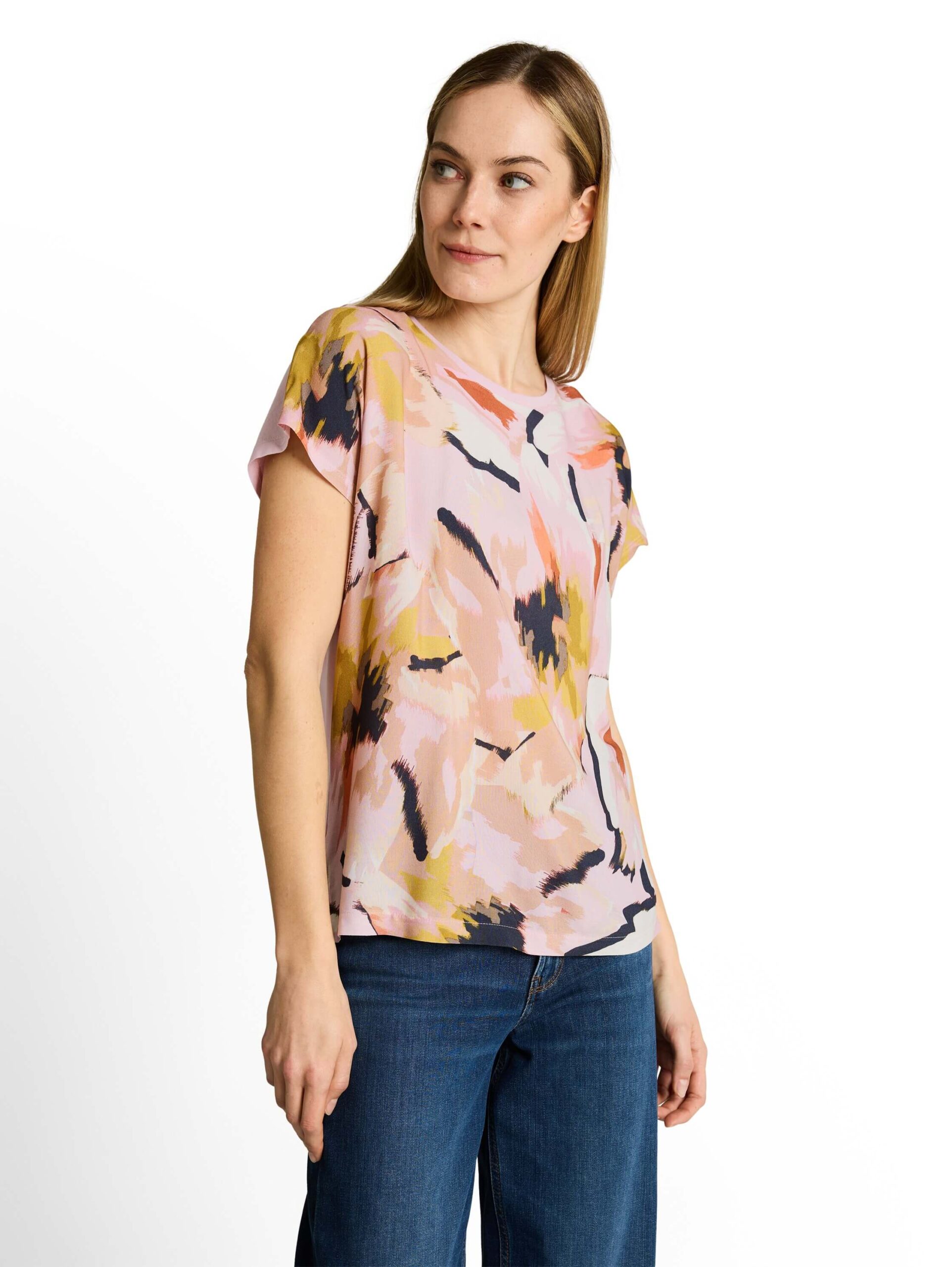 T-shirt fabric mix print crew neck
